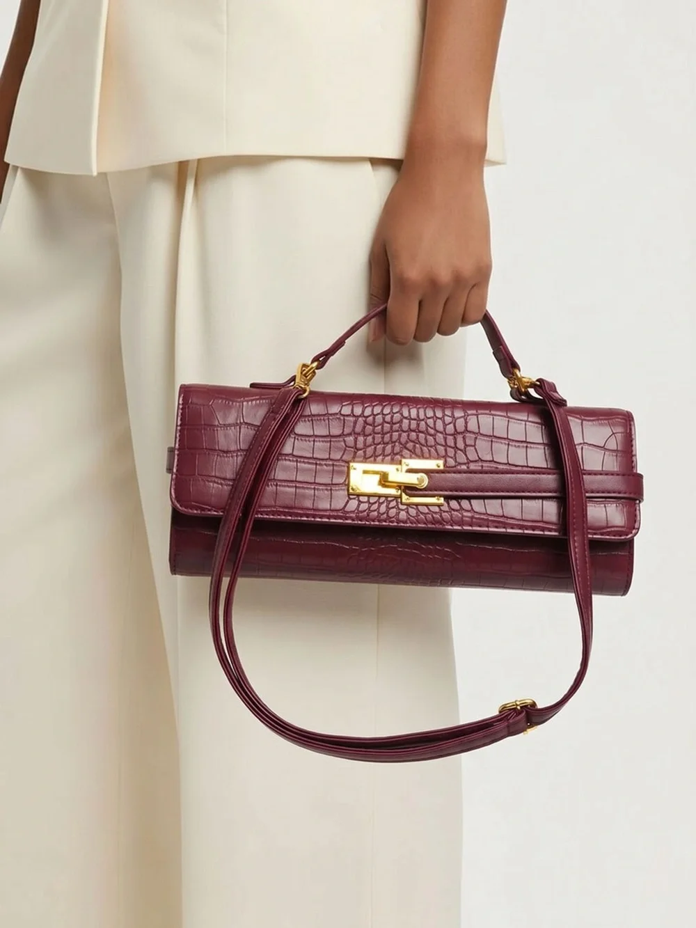 Structured Top-Handle Croc-Embossed Bag in Burgundy